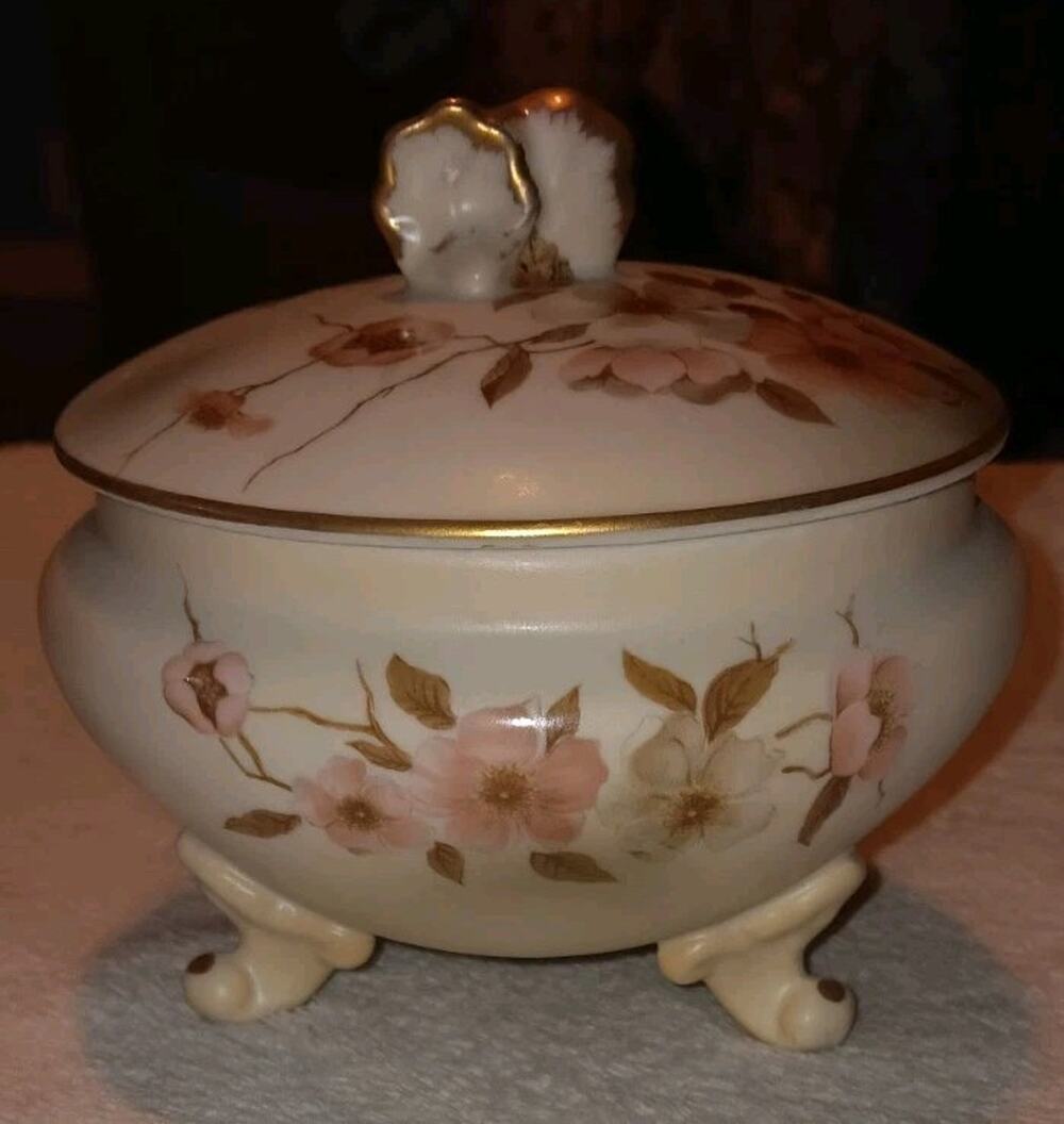 Vintage Nippon Porcelain Footed Covered Powder Bowl Hand Painted Wildflowers